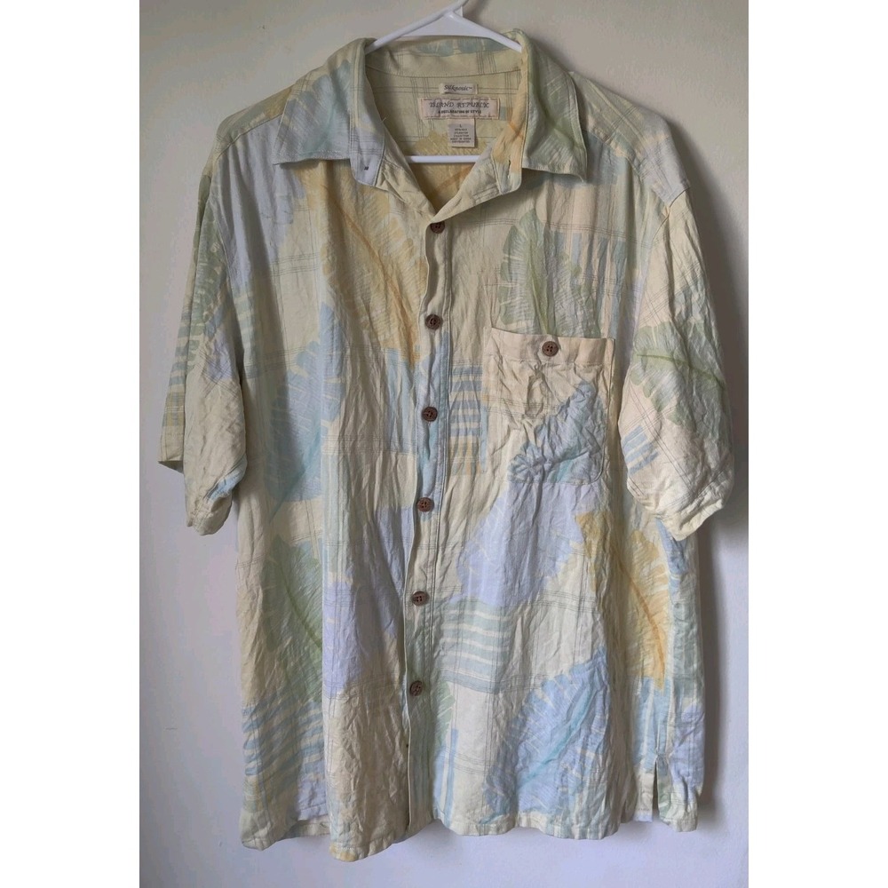 ISLAND REPUBLIC Men's Short Sleeve Button Down Silk‎ Blend Yellow Leaf Shirt XL